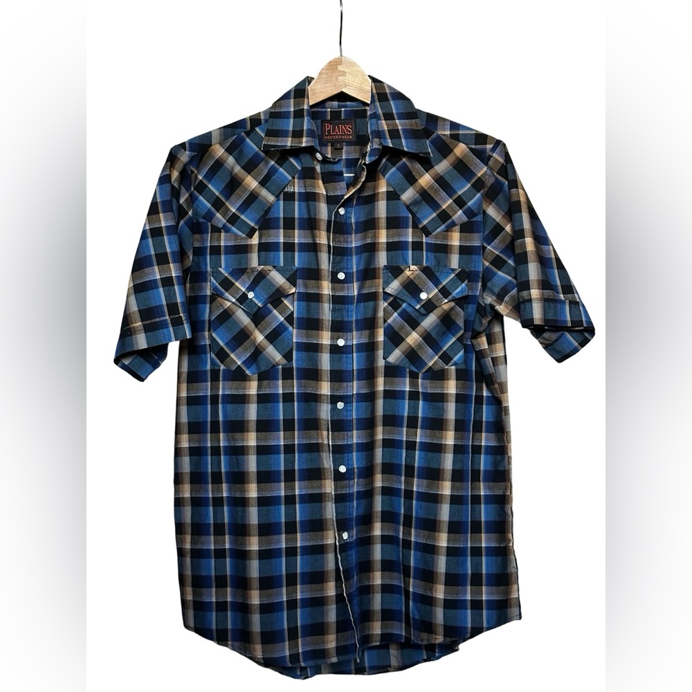 Western Wear Plaid Casual Button Down Shirt Short Sleeve Blue Men’s Size Small.